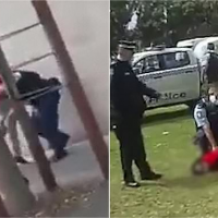 Footage of moment man in his tracksuit ‘knees policewoman in the head’
