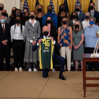 White House responds to questions over Biden kneeling in photo with WNBA champs