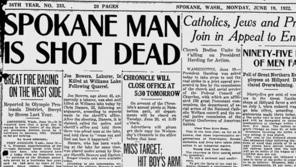 100 years ago near Cheney: Resort worker at Williams Lake says he shot man who threatened him