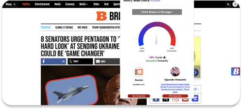 A screenshot of the Breitbart website showing an article titled "8 Senators Urge Pentagon to 'Take Hard Look' at Sending Ukraine Drones, Could Be 'Game Changer'," with an Ad Fontes Media reliability chart.