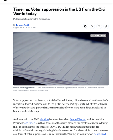 Screenshot of a news article titled "Timeline: Voter suppression in the US from the Civil War to today" with an image of stacked papers and text discussing historical and recent voter suppression.
