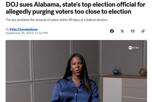 A news article headline states the DOJ is suing Alabama’s top election official for allegedly purging voters too close to an election. A woman speaks in a video frame below the headline.