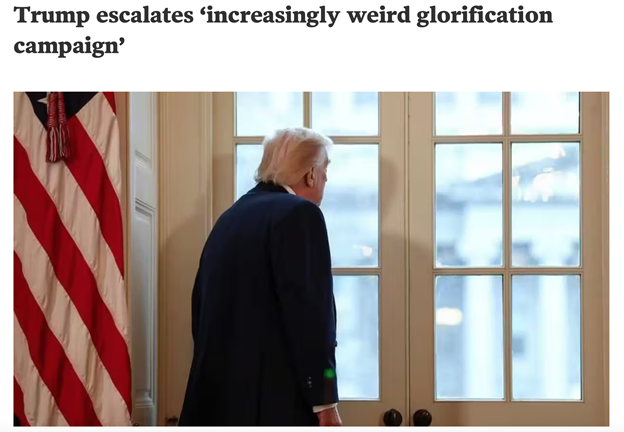 Donald Trump, seen from behind, looks out through a set of glass doors next to an American flag.