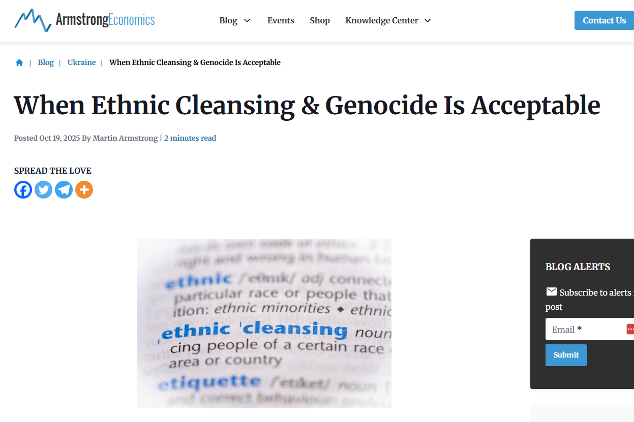 Screenshot of an online article titled "When Ethnic Cleansing & Genocide Is Acceptable" with a blurred dictionary definition of "ethnic cleansing" shown below the headline.