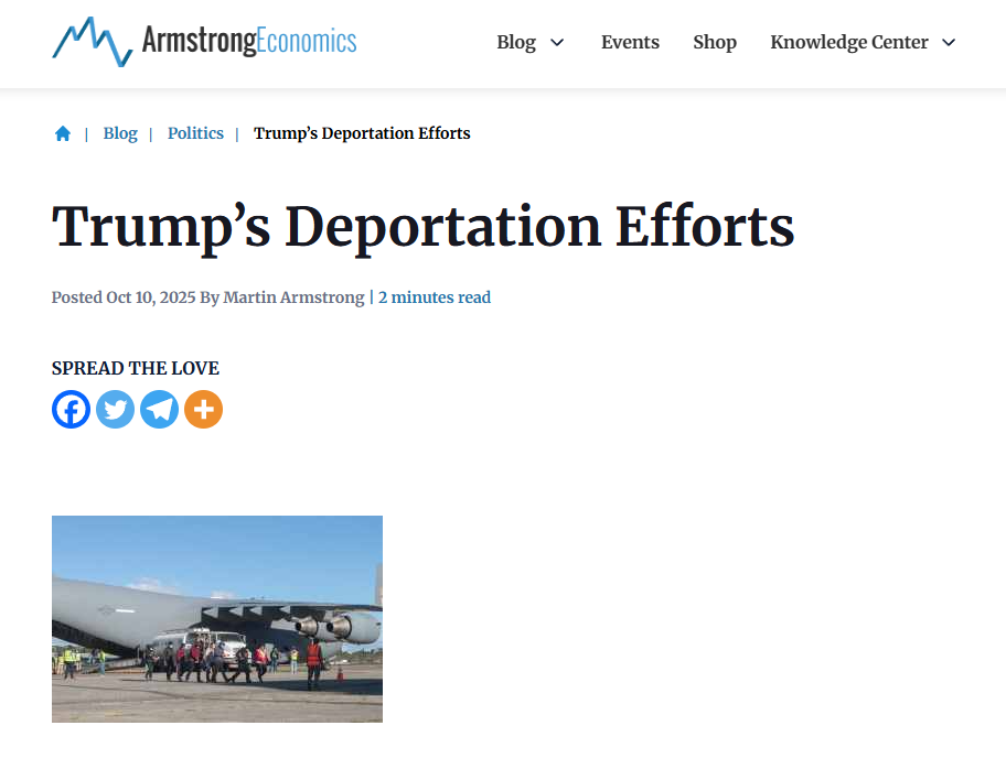 A group of people boards a military cargo plane on a runway under supervision, as shown in an article titled "Trump’s Deportation Efforts" on Armstrong Economics' website.