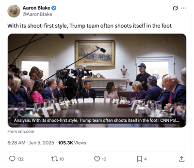 A group of people sit around a long conference table while a cameraman films; a news chyron discusses the Trump team's "shoot-first" style.