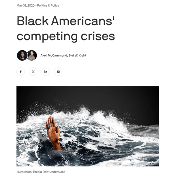 A hand emerges from turbulent ocean waves beneath the headline "Black Americans' competing crises" on a news article page.