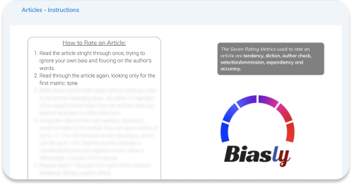 This image shows instructions for rating an article on the left and a "Biasly" logo with a rating meter on the right.