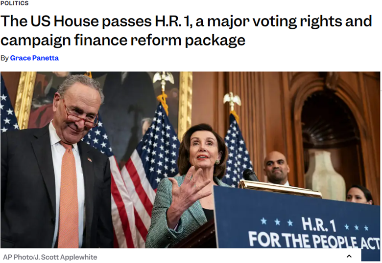 Speaker stands at podium labeled "H.R.1 For the People Act" with others nearby, following US House passage of a voting rights and campaign finance reform bill.
