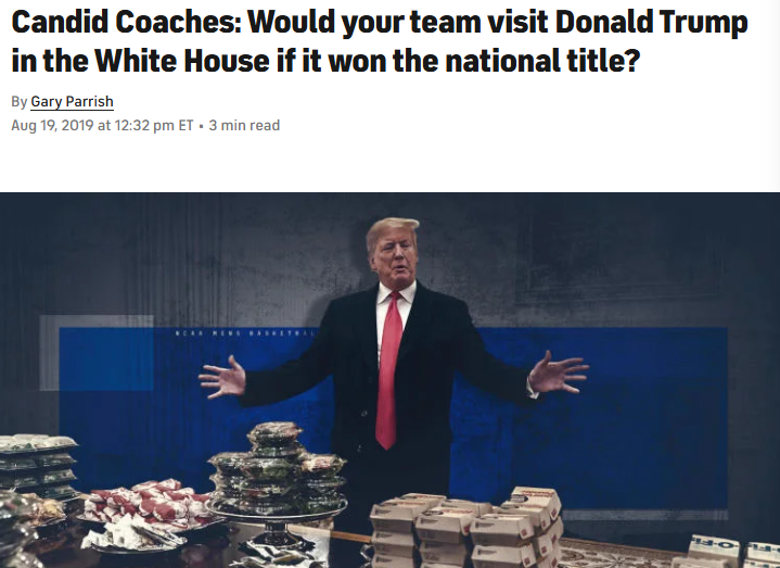 Donald Trump stands behind a table filled with fast food in the White House, gesturing with his arms open.