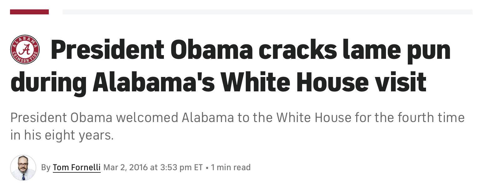 Screenshot of a news headline stating, "President Obama cracks lame pun during Alabama's White House visit," with a subheadline about the team's visit.