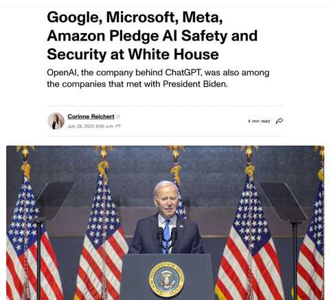 President Joe Biden speaks at a podium with the presidential seal, flanked by American flags, during an event on AI safety and security at the White House.