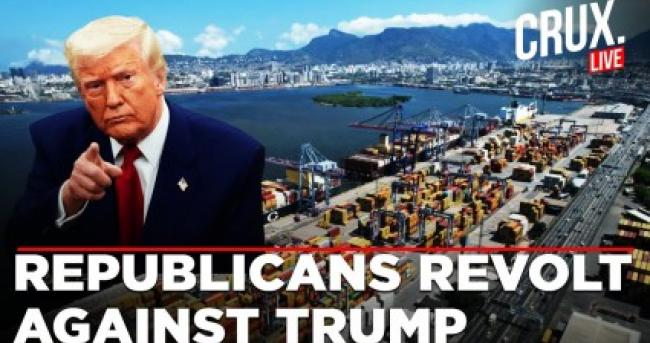 Donald Trump pointing forward with a shipping port in the background; text reads "Republicans Revolt Against Trump" and "CRUX LIVE" in the corner.