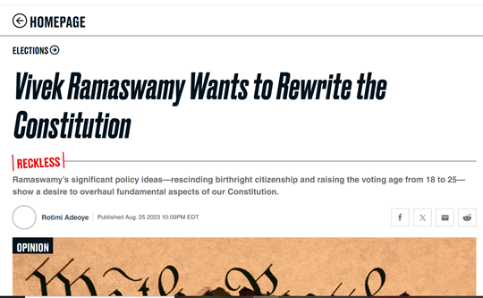 Screenshot of a news article headline: "Vivek Ramaswamy Wants to Rewrite the Constitution," with a subheading highlighting proposed changes and publication details.