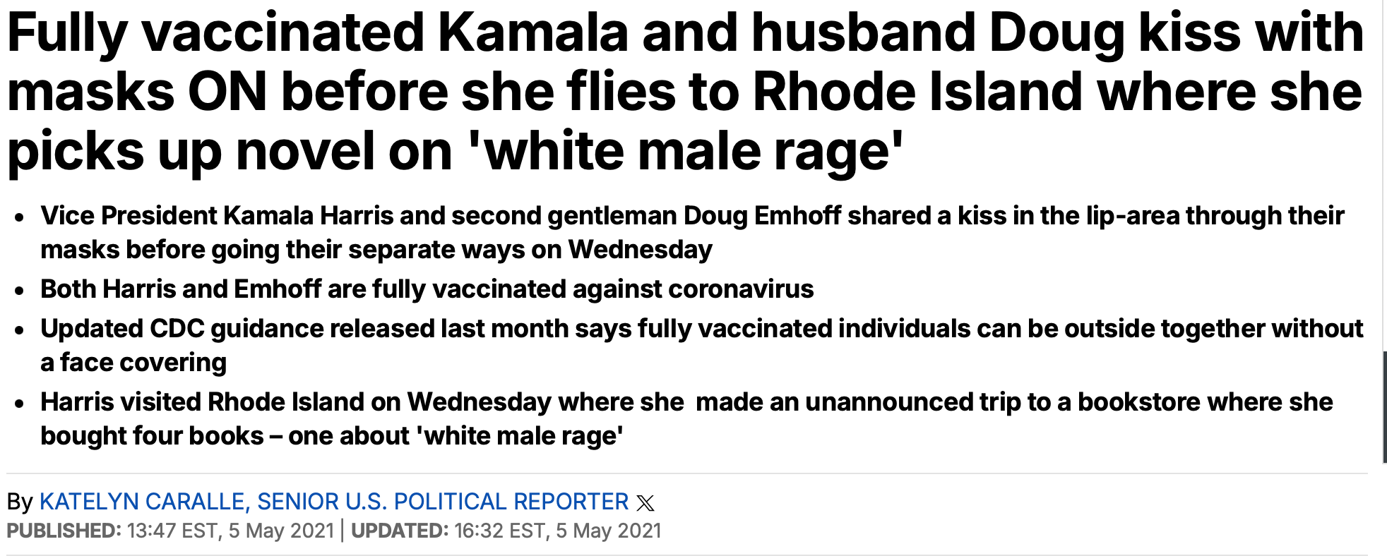 A news headline discusses Kamala Harris and Doug Emhoff kissing with masks on before she travels to Rhode Island, referencing COVID-19 guidance and her bookstore visit.