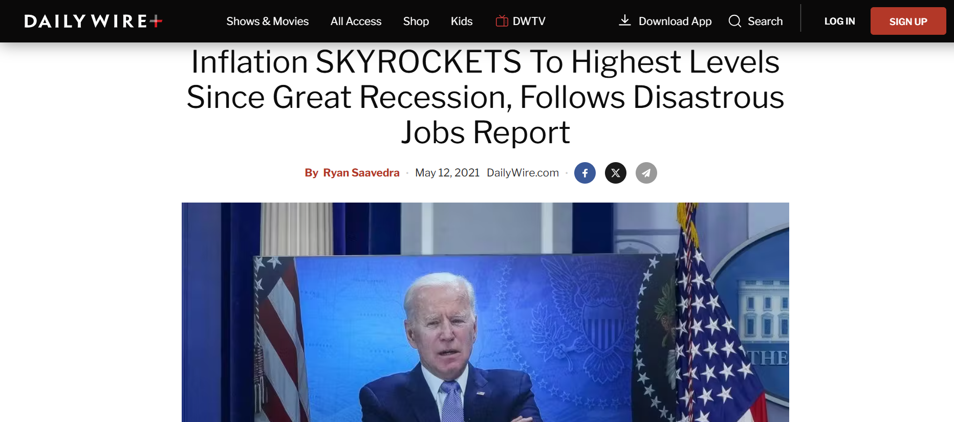 President Joe Biden appears on a screen with arms crossed in front of an American flag and presidential seal, under a headline about inflation and a jobs report.