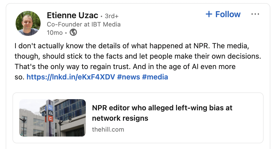 LinkedIn post by Etienne Uzac discussing media and trust, with a link to an article about an NPR editor's resignation.