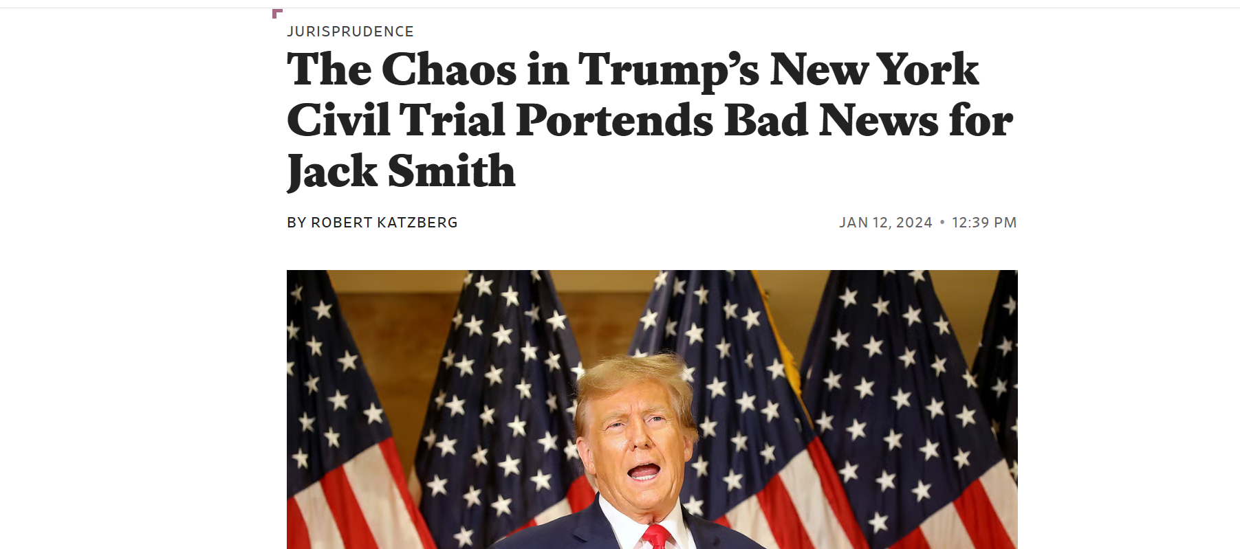 Donald Trump speaks in front of numerous American flags; headline discusses his New York civil trial and its implications for Jack Smith.