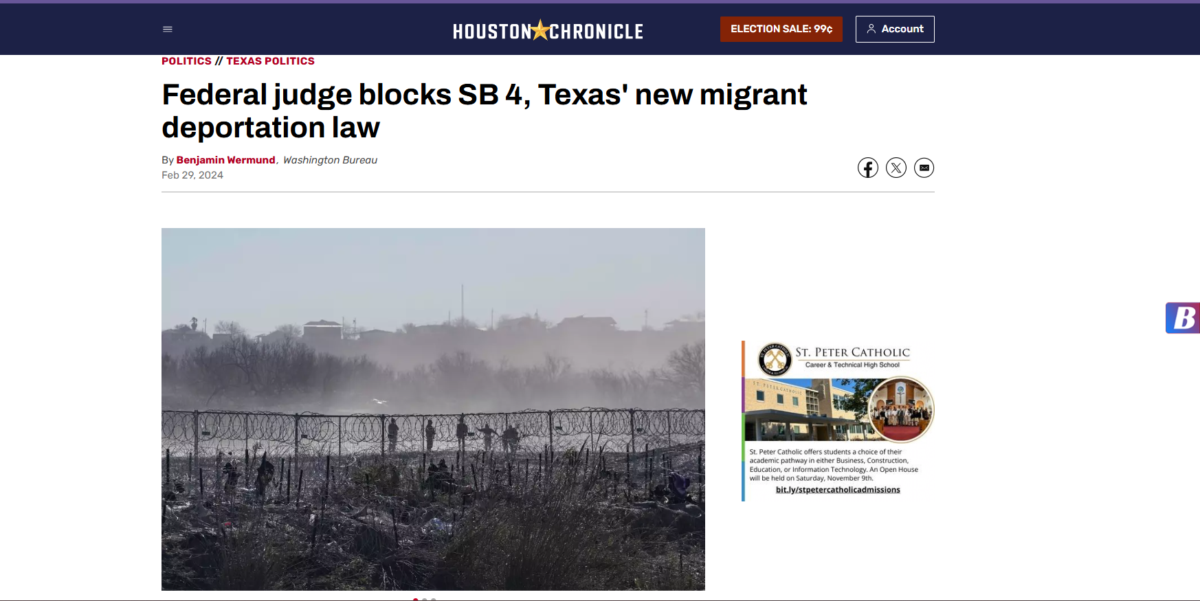  a federal judge blocking SB 4, Texas' new migrant deportation law. The article is dated February 28, 2024.