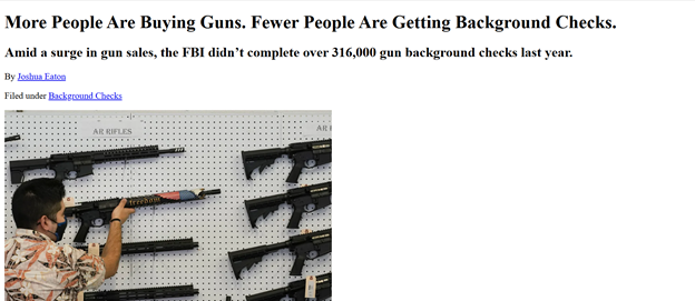 A man wearing a mask examines rifles displayed on a wall at a gun store. Headline and summary text discuss increased gun sales and fewer completed background checks.