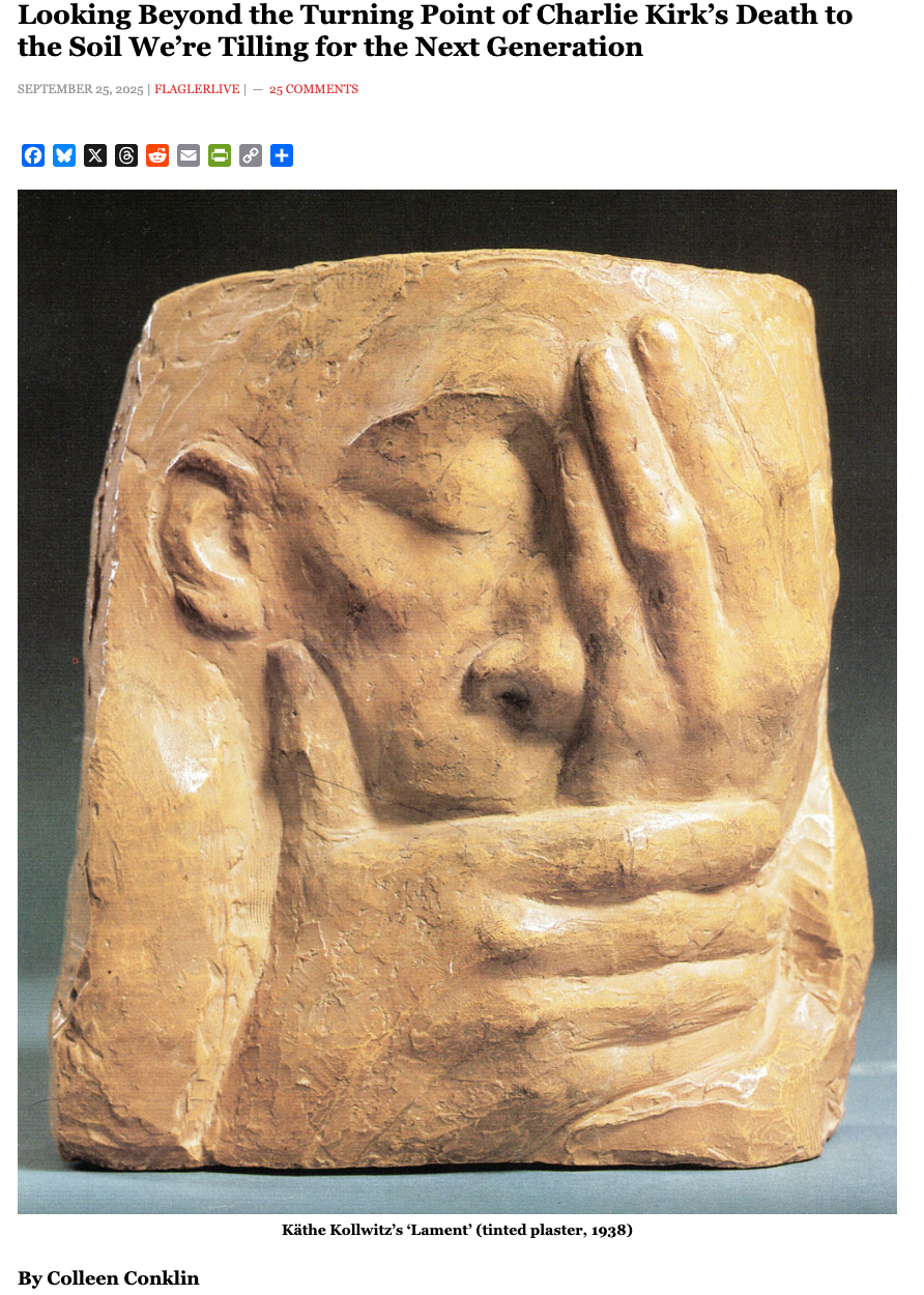 A plaster sculpture titled "Lament" by Käthe Kollwitz depicts a face with one hand covering its mouth and another hand covering one eye.