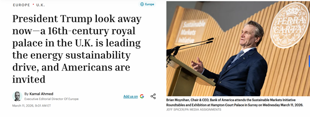 A man in a suit speaks at a podium with "TERRA CARTA" in the background; article headline references U.K. royal palace leading energy sustainability efforts, inviting Americans.