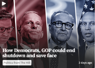 Four men in suits are shown in separate vertical panels, accompanied by the headline: "How Democrats, GOP could end shutdown and save face.
