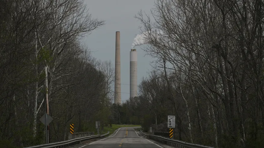 A rural road leads to two tall smokestacks emitting white smoke, surrounded by leafless trees on both sides under an overcast sky.