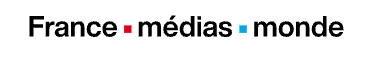 The phrase "France médias monde" in black text, with a red square after "France" and a blue square after "médias," on a white background.