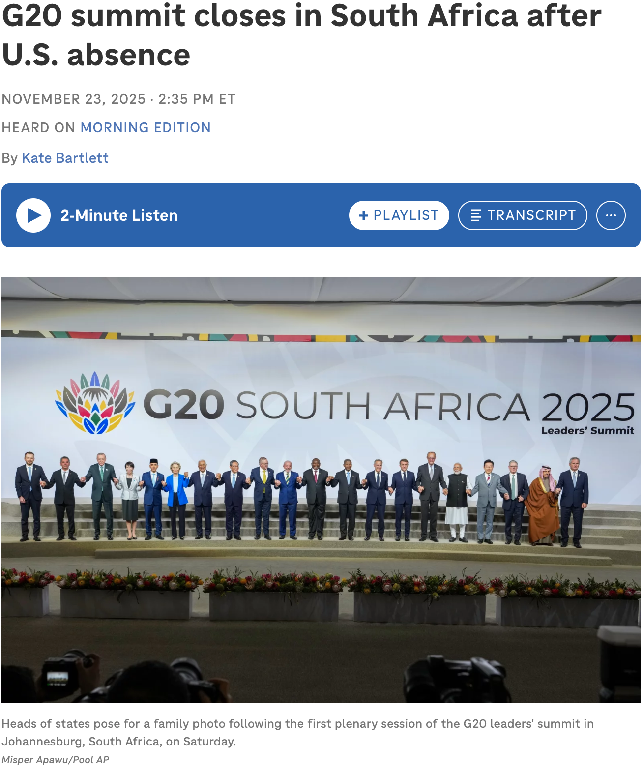 World leaders stand on stage for a group photo at the G20 South Africa 2025 Leaders' Summit in Johannesburg.