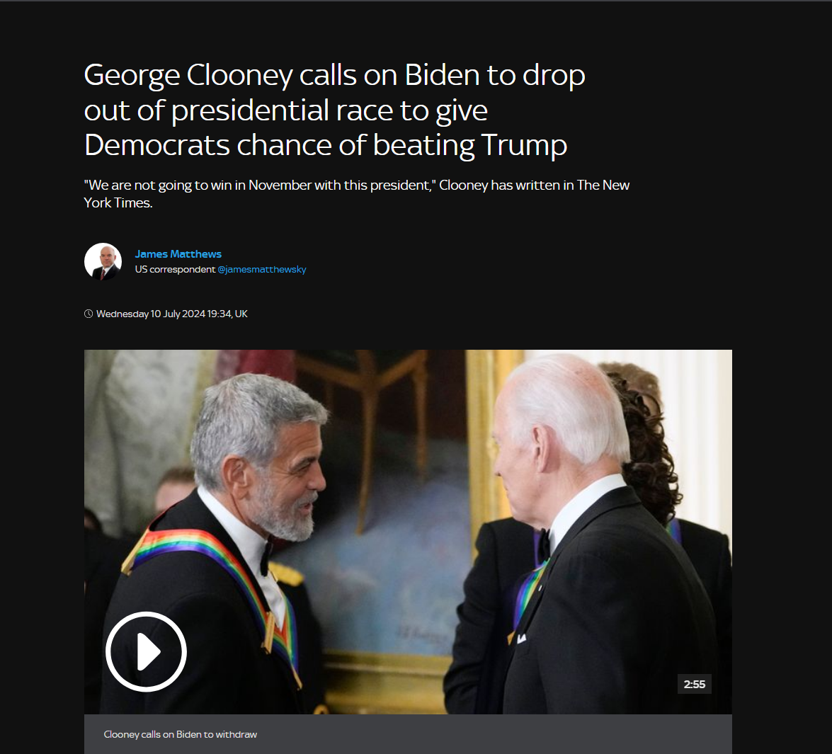 George Clooney and Joe Biden speak at an event; news headline states Clooney urges Biden to drop out of the 2024 presidential race to boost Democrats' chances against Trump.