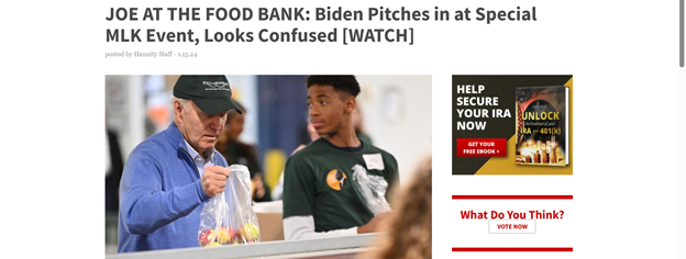 Joe Biden serving food at a food bank alongside volunteers, with a headline above describing his participation in an MLK event.