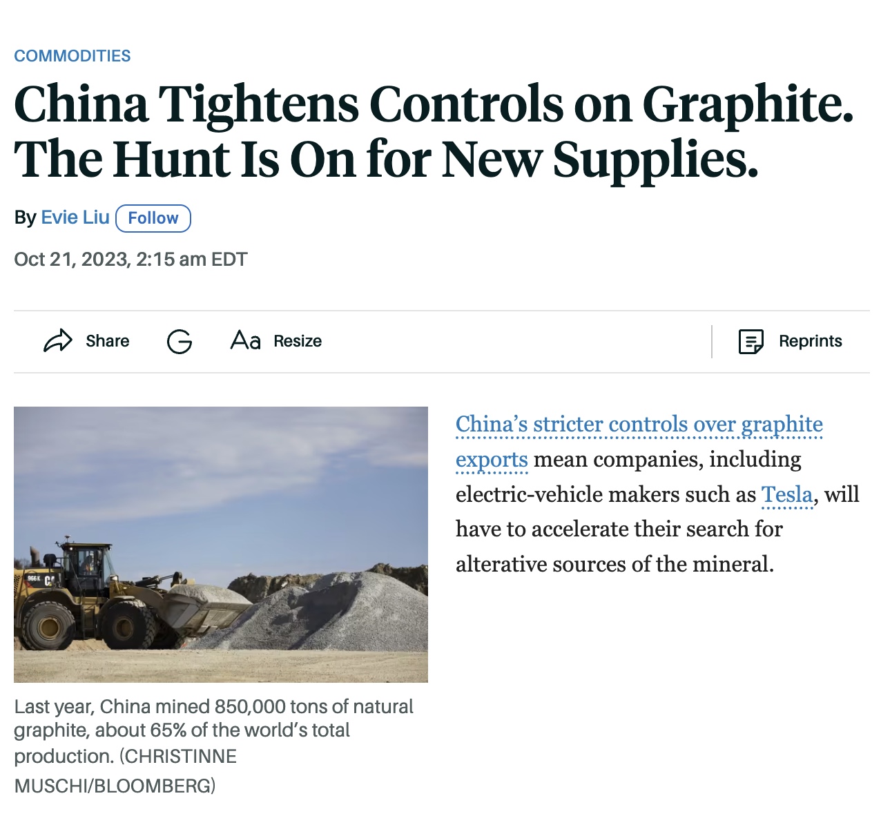 A truck moves graphite at a mining site in China, with large graphite piles and machinery, illustrating China's role in global graphite production.