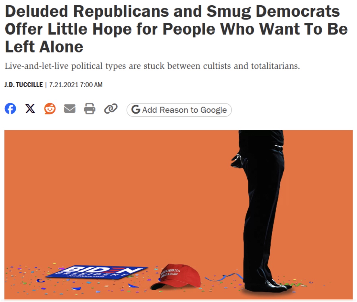 A person stands with arms crossed beside a Biden-Harris sign and a red "Make America Great Again" hat on an orange background.