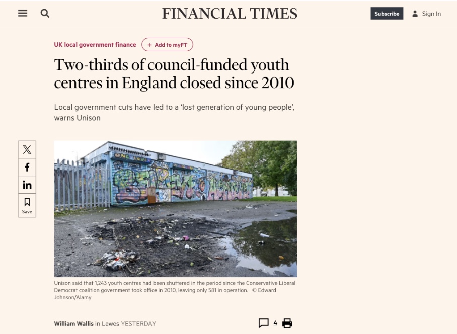 A boarded-up youth centre covered in graffiti with litter and puddles in front, illustrating an article about youth centre closures in England since 2010.