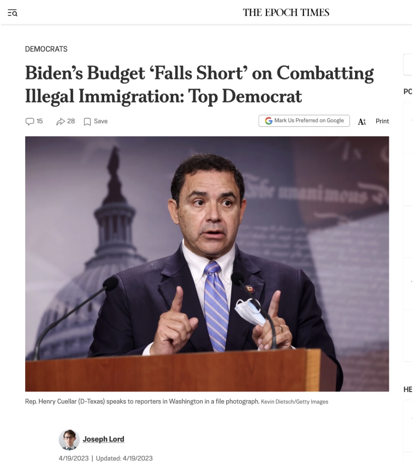 Rep. Henry Cuellar speaks at a podium, holding a mask, with the U.S. Capitol in the background. Headline discusses Biden's budget and illegal immigration.
