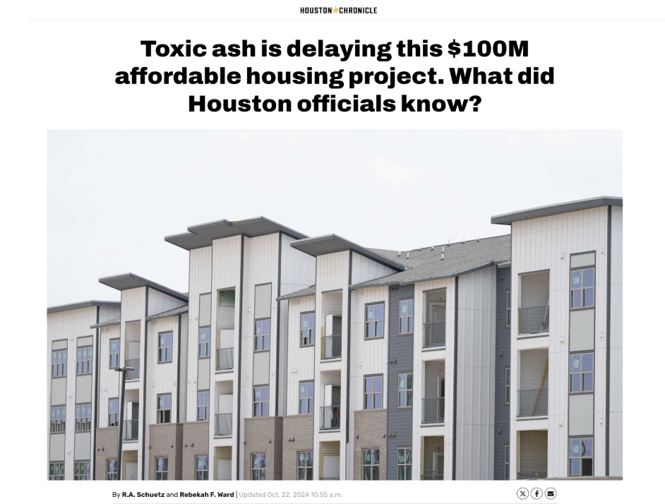 A modern, multi-story apartment building under construction with a headline about toxic ash delaying a $100M affordable housing project in Houston.