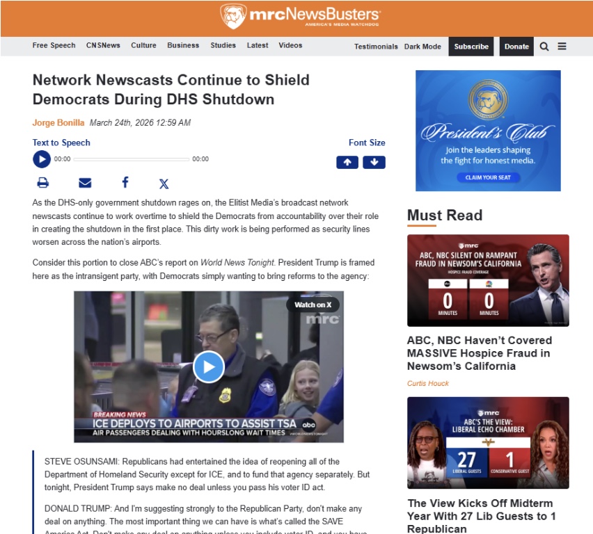 Screenshot of a news article titled "Network Newscasts Continue to Shield Democrats During DHS Shutdown" with images of news broadcasts and headlines along the right sidebar.