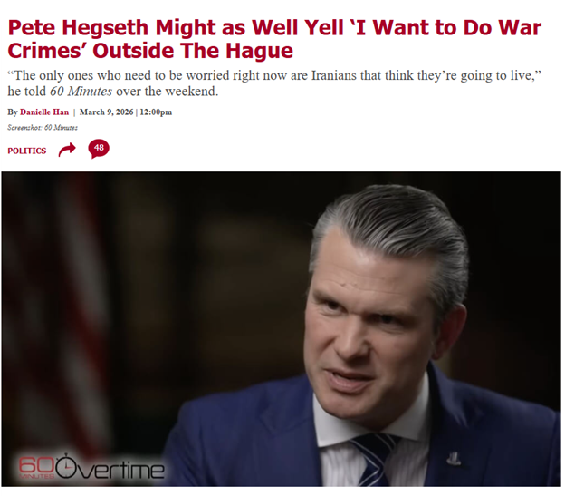 Pete Hegseth, wearing a suit and tie, speaks during a televised interview, appearing in a screenshot with a headline and quote about war crimes.