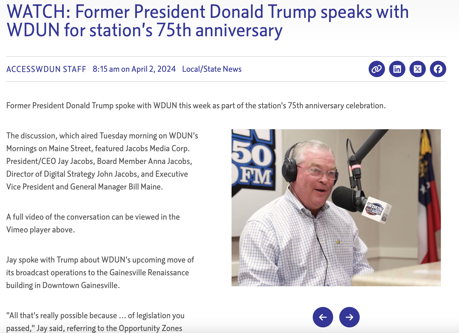 Former President Donald Trump speaks on WDUN radio for the station’s 75th anniversary, with Jay Jacobs and Anna Jacobs visible in the studio.