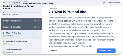 Screenshot of a Media Literacy Education Student Course module titled "2.1 What is Political Bias," detailing biases in reporting and news which can lead to favoritism towards one political position or another.