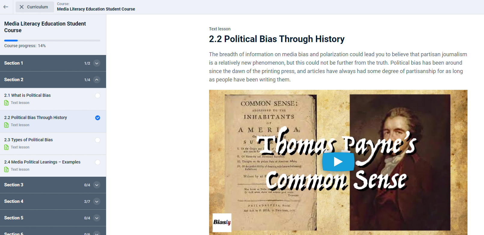 Screenshot of an online course titled "Media Literacy Education Student Course," showing lesson 2.2 "Political Bias Through History," featuring a video about Thomas Paine's "Common Sense.