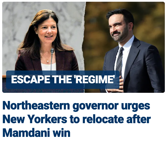Two politicians stand side by side; headline reads, "Northeastern governor urges New Yorkers to relocate after Mamdani win.