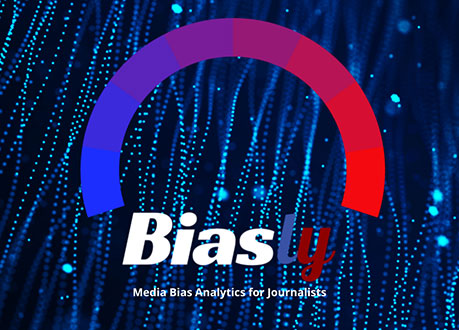 Logo for Biasly, accompanied by the slogan "Media Bias Analytics for Journalists." The logo features a gradient gauge from blue to red, set against a background of cascading light patterns.
