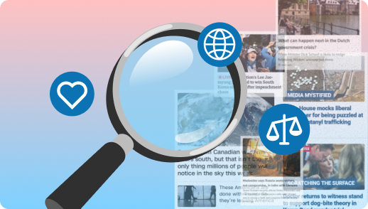 A magnifying glass overlays blurred online news articles, with icons of a heart, globe, and scales representing analysis of digital content.