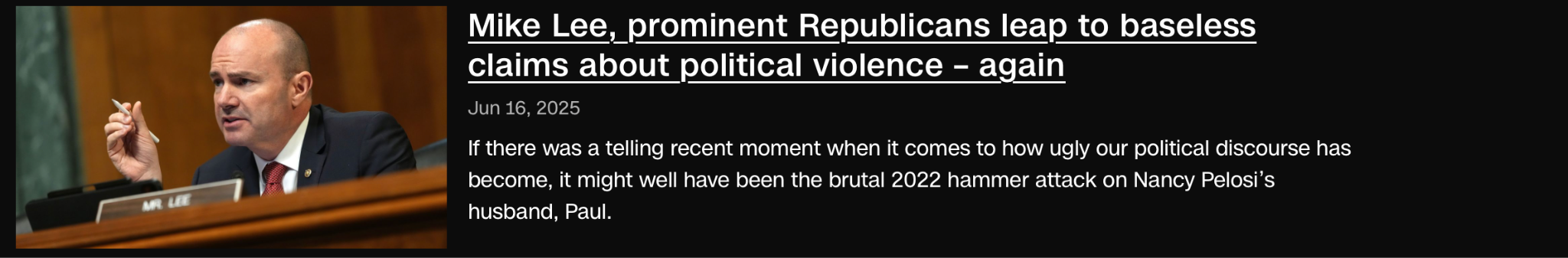 Senator Mike Lee sits at a desk holding a pencil, speaking into a microphone during a formal hearing.