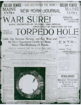 Front page of an old newspaper, headlined "WAR! SURE!" about the USS Maine destruction, with large bold text and articles about a torpedo hole and reward offers.