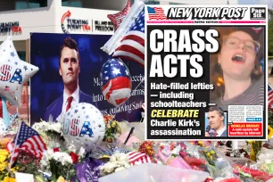 A memorial with flowers, flags, and balloons is shown next to a tabloid cover featuring a headline about "celebrating" Charlie Kirk's assassination and condemning schoolteachers.