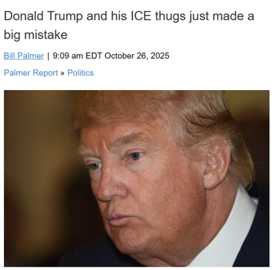 Close-up of Donald Trump with a serious expression, accompanied by a headline about a reported mistake involving ICE.