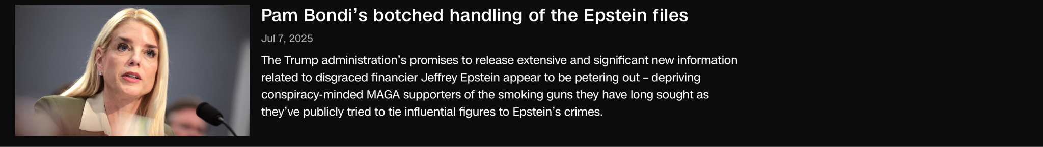 A woman with long blonde hair speaks at a microphone against a dark background, alongside text discussing her handling of the Epstein files.